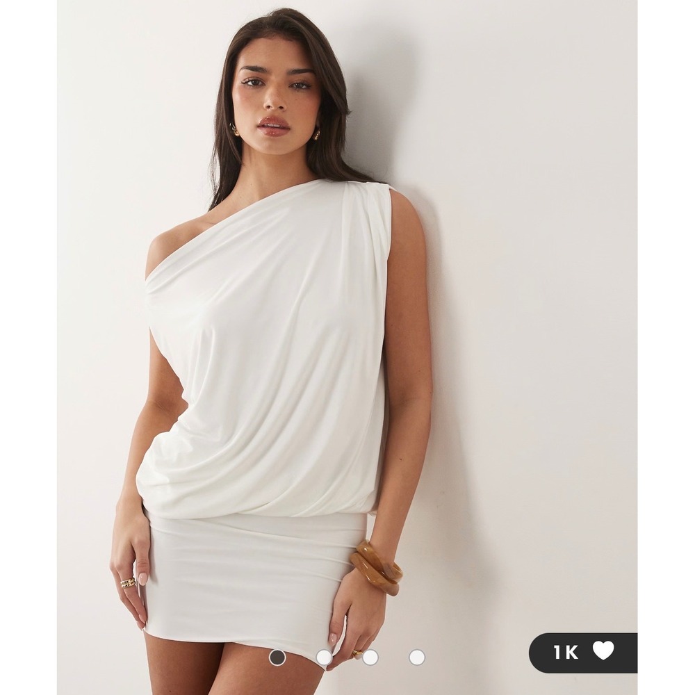 Missy Empire Double Sculpted Slinky Drape Off Shoulder Mini Dress White – US 8